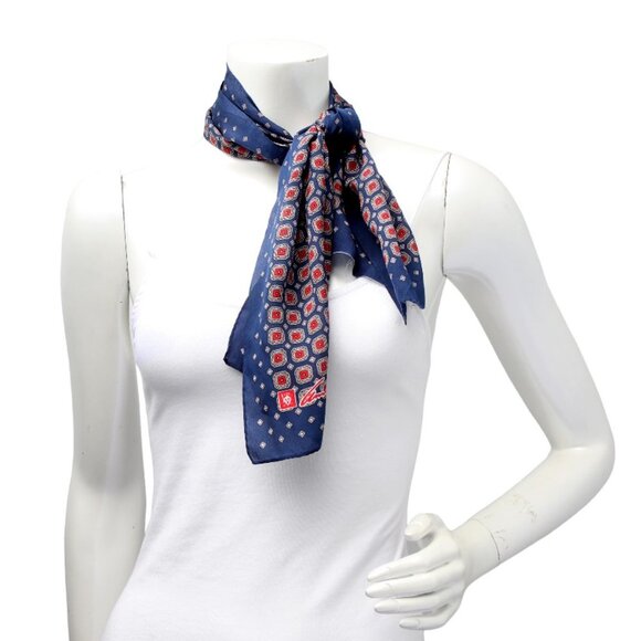 Vintage Anne Klein Silk Neck Hair Scarf Long Geometric Medallion Navy Red - Picture 3 of 6